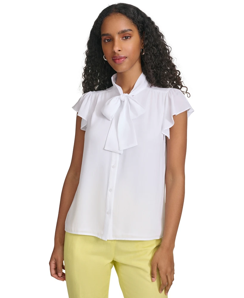 Calvin Klein Petite Solid-Color Cap-Sleeve Bow Blouse