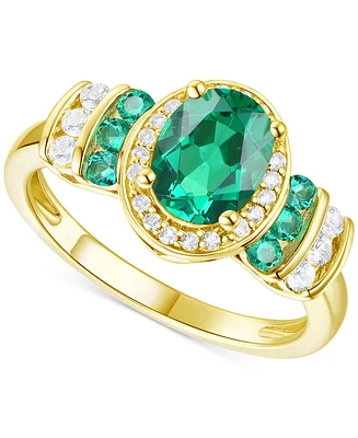 Lab-Grown Emerald (1-1/6 ct. t.w.) & White Sapphire (1/4 Oval Halo Ring 14k Gold-Plated Sterling Silver (Also Additional Gem