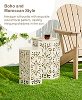 Glitzhome Multi-Functional Set of 2 White Floral Pattern Hexagonal Garden Stools or Planter Stand