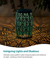 Glitzhome Multi-Functional Blue Iron Leaf Pattern Solar Powered Garden Stool or Planter Stand