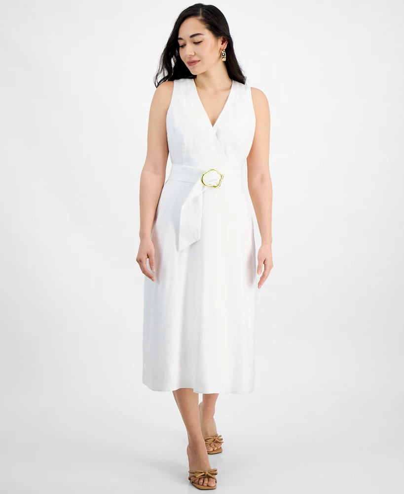 I.n.c. International Concepts Petite Linen-Blend Belted Midi Dress, Created for Macy's