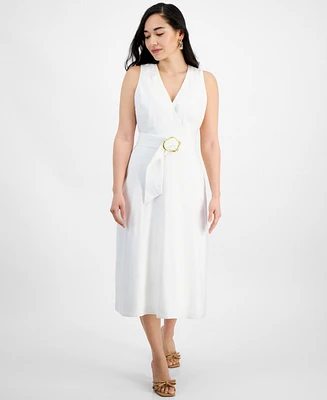 I.n.c. International Concepts Petite Linen-Blend Belted Midi Dress, Created for Macy's