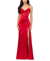 Blondie Nites Juniors' Draped Lace-Up Satin Gown