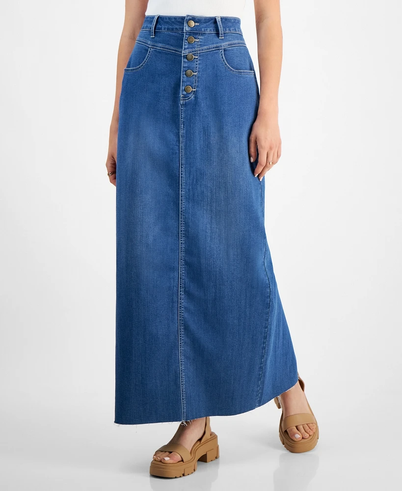 Tinseltown Juniors' Button-Fly Seam-Yoke Maxi Skirt