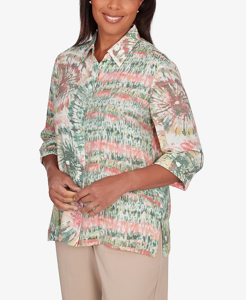 Alfred Dunner Women's Tuscan Sunset Tie Dye Button Down Blouse Top
