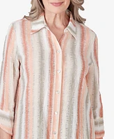 Alfred Dunner Women's Tuscan Sunset Striped Textured Button Down Top