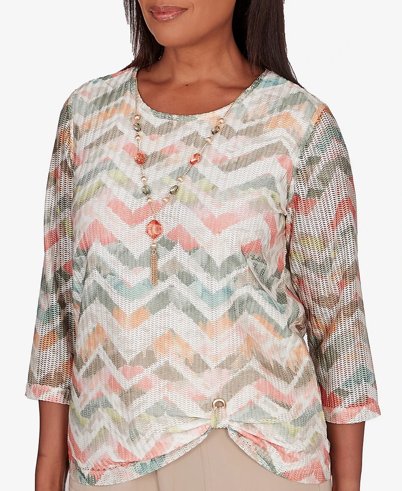 Alfred Dunner Women's Tuscan Sunset Textured Chevron Twisted Detail Crew Neck Top