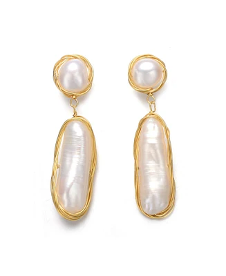 Genevive Sterling Silver with 14K Gold Plated and 2 Genuine Freshwater Pearl Dangling Earrings