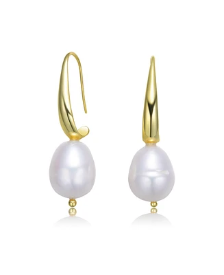 Genevive Classy Sterling Silver with 14K Gold Plating and Genuine Freshwater Pearl Dangling Earrings