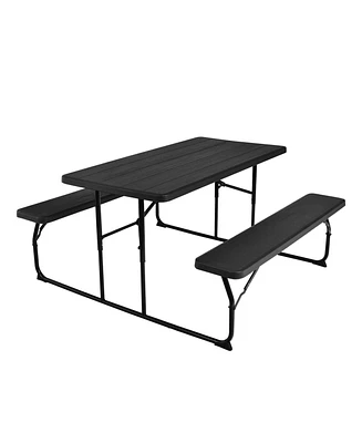 Sugift Folding Picnic Black Table Bench Set with Wood-like Texture