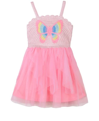 Pink Violet Little Girls Sleeveless Butterfly Crochet Mesh Dress