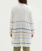 Ella Rafaella Plus Cotton-Linen Blend Striped Cardigan Sweater