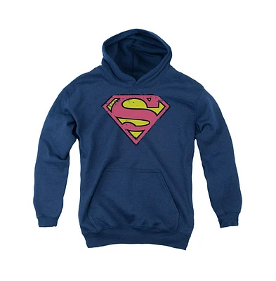 Superman Boys Youth Distressed Shield Pull Over Hoodie / Hooded Sweatshirt