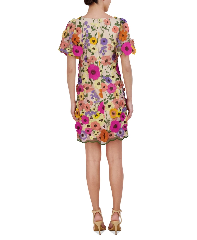 Eliza J Petite 3D-Floral Puff-Sleeve Mini Dress