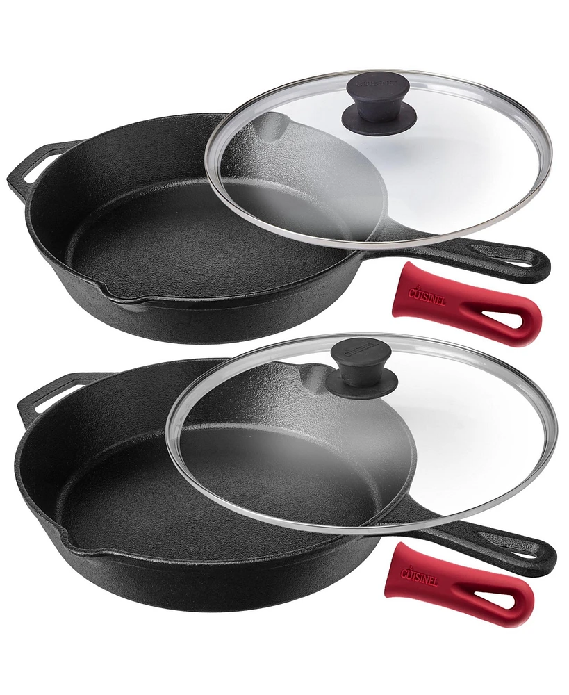 Cuisinel Cast Iron Skillet Set - 10" + 12"-Inch Frying Pan + Glass Lids + 2 Handle Cover Grips