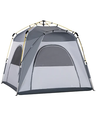 Outsunny Camping Tents 4 Person Pop Up Tent w/ Windows, Doors, Grey