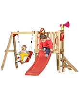 Outsunny 4-in-1 Wooden Swing Set w/ Swing, Slide, Horn, Steering Wheel