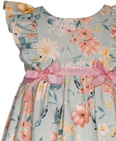 Bonnie Baby Girls Floral Dress with Pinafore Ruffles and Ribbon Trim