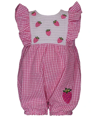 Bonnie Baby Girls Sleeveless Seersucker Check Bubble with Strawberry Applique