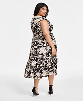 Tahari Plus Printed V-Neck Fit & Flare Dress