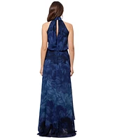 Betsy & Adam Petite Floral-Chiffon Halter-Neck Gown