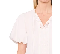 CeCe Women's Eyelet-Trim Split-Neck Puff-Sleeve Blouse