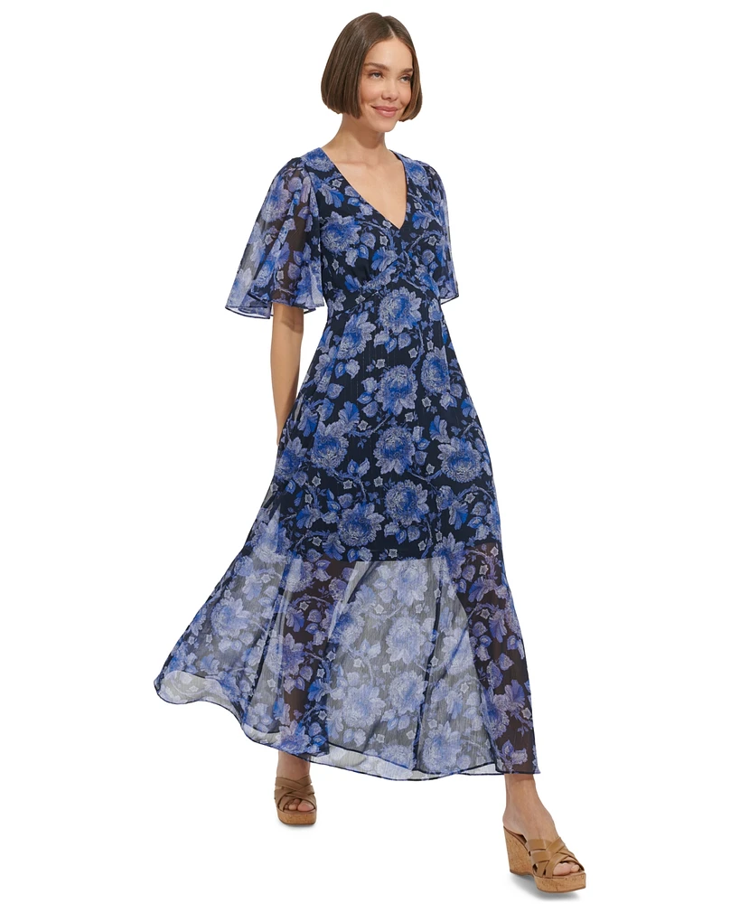 Tommy Hilfiger Women's Floral Flutter-Sleeve Maxi Dress