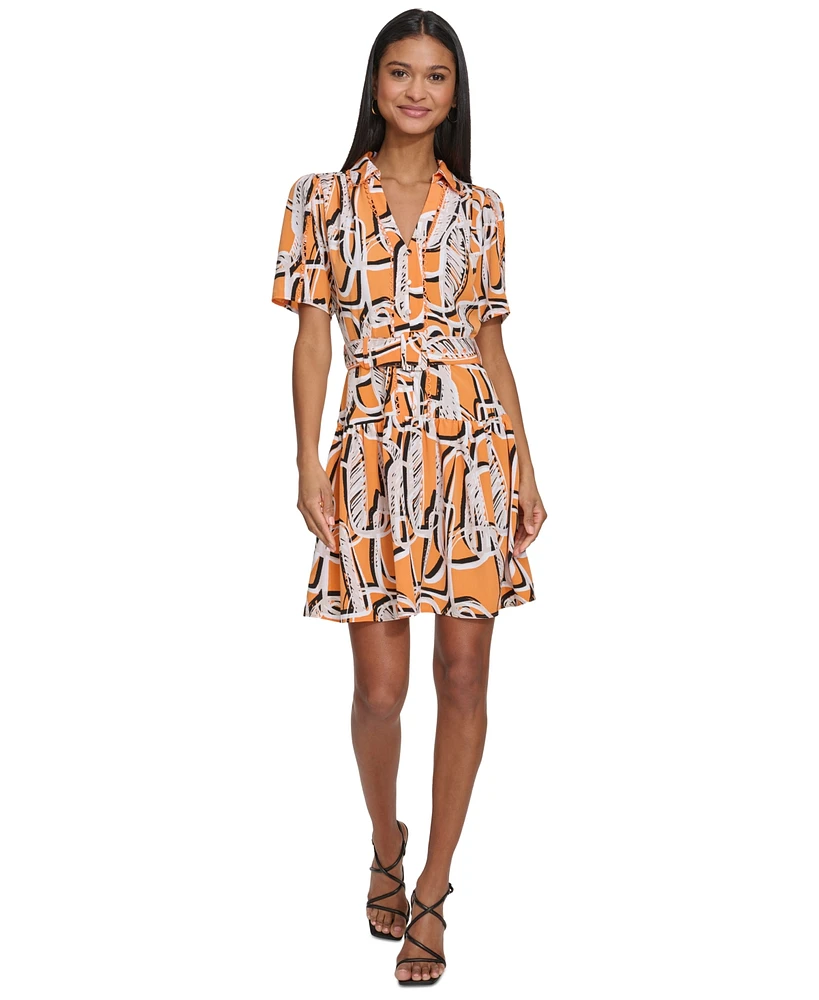 Karl Lagerfeld Paris Women's Printed Belted A-Line Dress