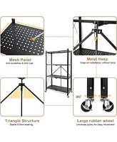 4-Tier Foldable Storage Shelving Unit, Heavy Duty Metal Shelf, Kitchen Shelf with 3 Hooks