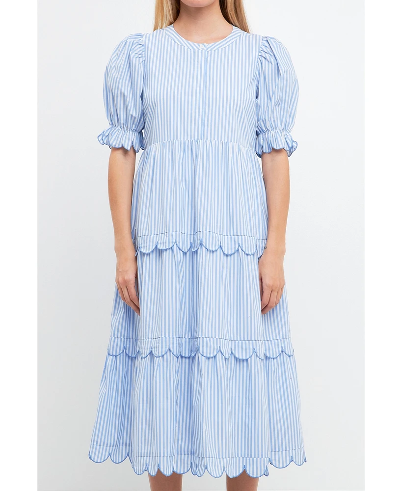 English Factory Women's Stripe Scallop Edge Midi Dress