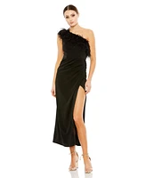 Mac Duggal Women's Feather Trim One Shoulder Draped Dress