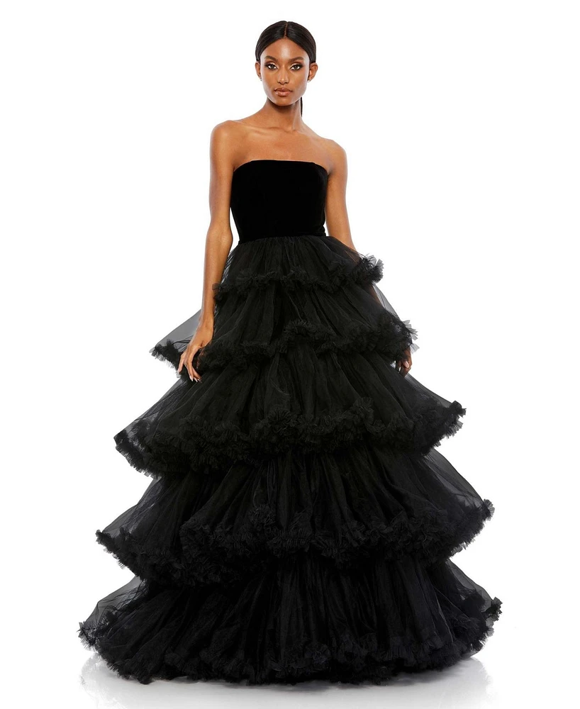 Mac Duggal Women's Strapless Tiered Ruffle Ballgown