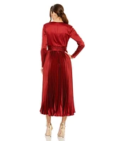 Mac Duggal Women's Ieena Pleated Deep V Long Sleeve Dress