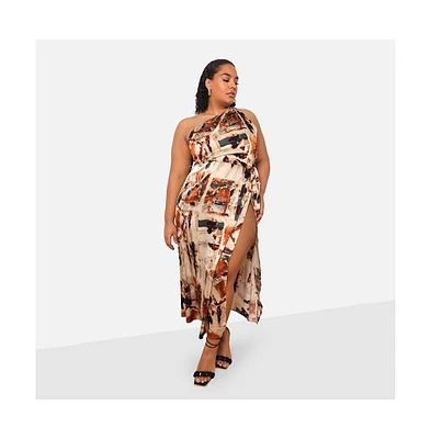 Rebdolls Plus Size Kiera Satin Abstract Print One Shoulder Maxi Shift Dress