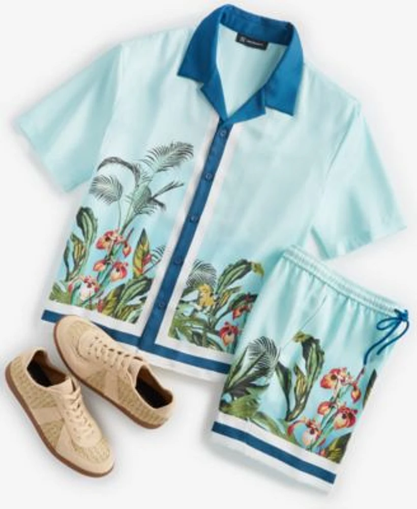 I.N.C. International Concepts Mens Thom Regular Fit Tropical Print Button Down Camp Shirt 7 Drawstring Shorts Created For Macys