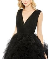 Mac Duggal Women's Ruffled Cap Sleeve V-Neck A Line Tulle Dress