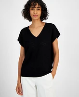 T Tahari Women's V-Neck Pointelle Cap-Sleeve Sweater