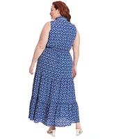 London Times Plus Size Floral-Print Ruffle-Collar Maxi Dress