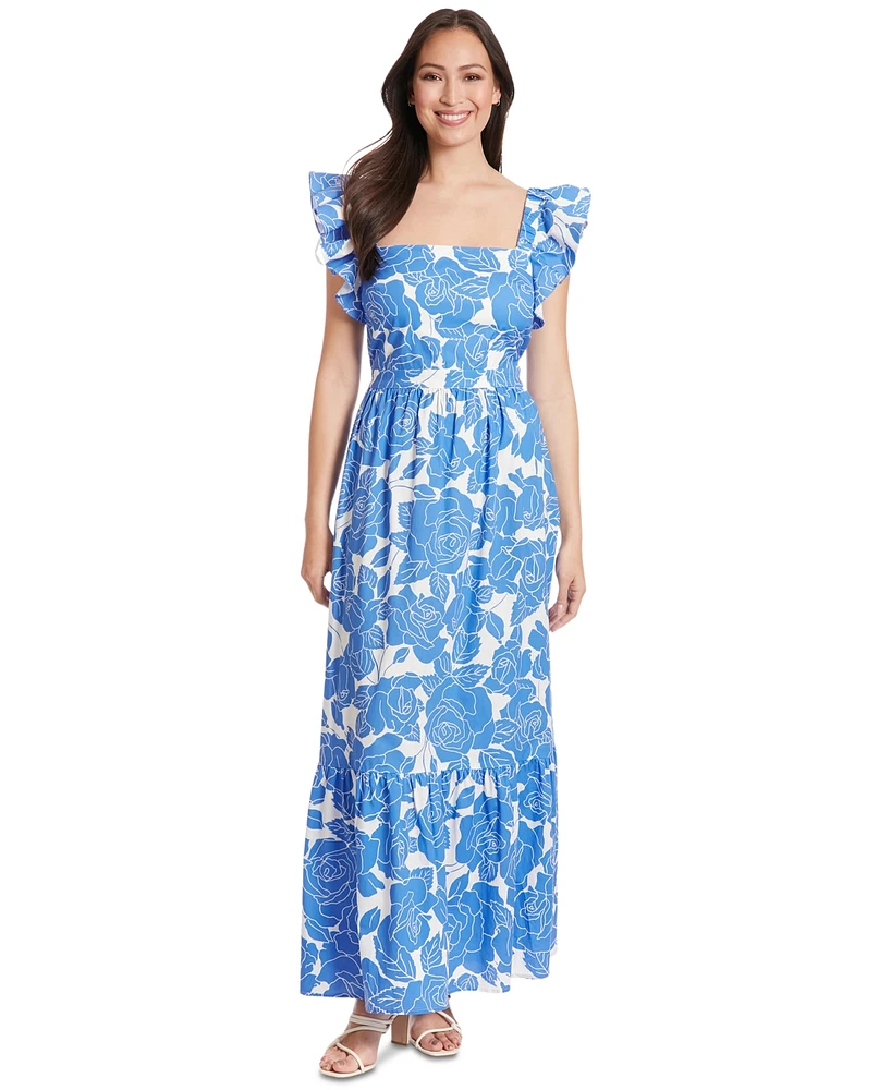 London Times Petite Cotton Floral Ruffle-Sleeve Maxi Dress