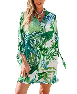 Cupshe Women's Tropical Collared Button-Up Mini Cover-Up