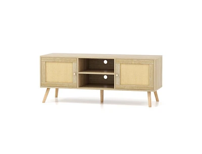 Slickblue Pe Rattan Media Console Table with 2 Cabinets and Open Shelves