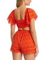 Red Carter Womens Flutter Sleeve Cotton Crop Top Front Tie Shorts