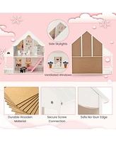 Costway Kids Wooden Dollhouse Semi-Opened Diy Playset with Simulated Rooms & Furniture