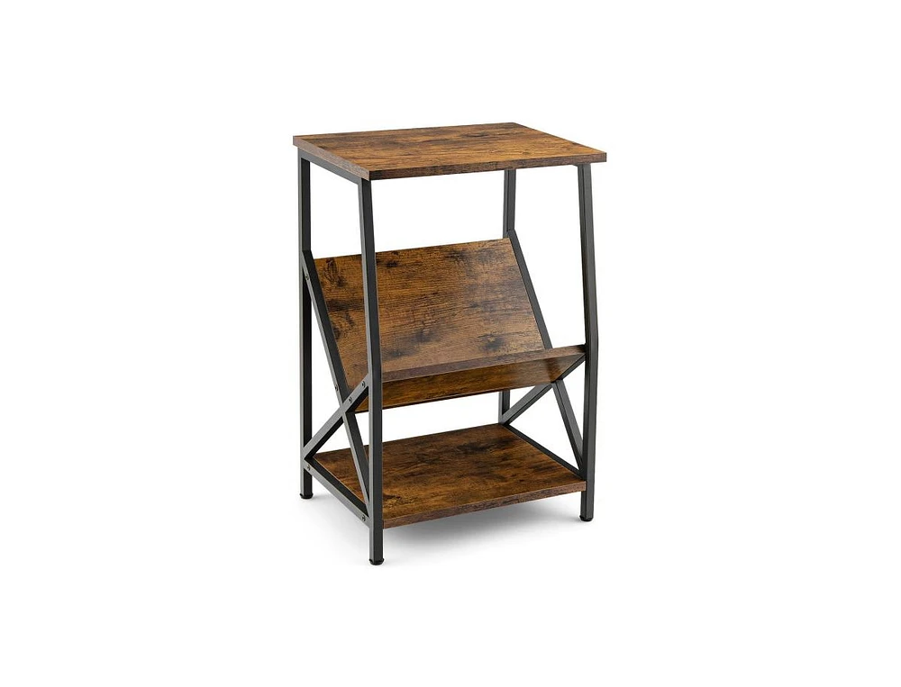 Slickblue 3-Tier Industrial Side Table with V-shaped Bookshelf for Living Room-Rustic Brown