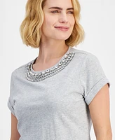 I.n.c. International Concepts Petite Cotton Rhinestone-Neck Top, Created for Macy's