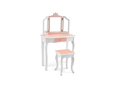 Slickblue Princess Vanity Table and Chair Set with Tri-Folding Mirror and Snowflake Print
