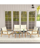 Slickblue 5 Piece Rattan Furniture Set Wicker Woven Sofa Set with 2 Tempered Glass Coffee Tables-Off White