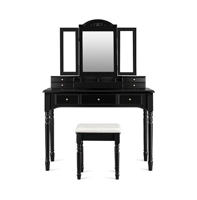 Slickblue Makeup Dressing Table with Tri-Folding Mirror and Cushioned Stool for Women