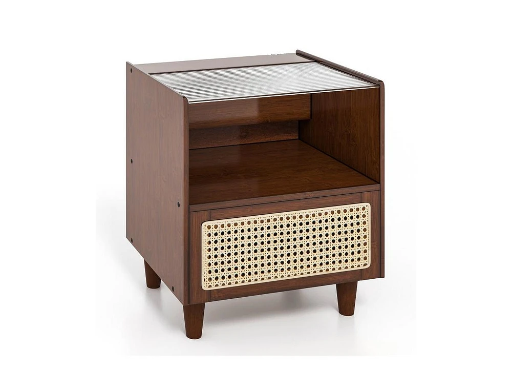 Slickblue Bamboo Rattan Nightstand with Drawer and Solid Wood Legs