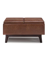 Simpli Home Owen Tray Top Small Coffee Table Storage Ottoman in Distressed Saddle Brown Pu Leather